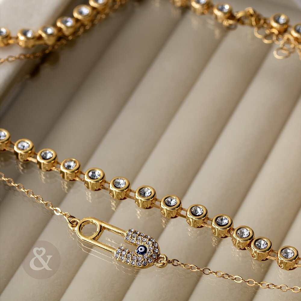 Gold Safety Pin Layered Necklace – Evil Eye Pendant